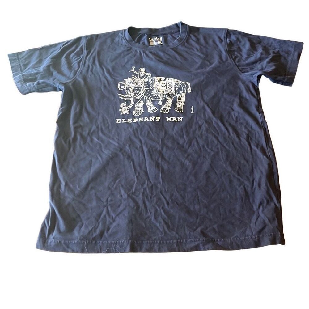 Tantra Men's XL Y2K Navy‎ Blue Elephant Man Graphic Indian T-Shirt